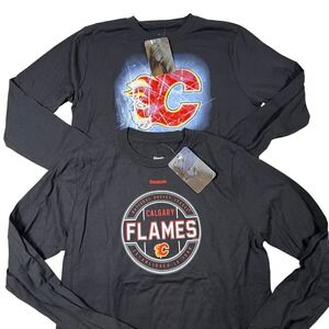 Lot 2 Reebok Calgary Flames NHL Long Sleeve T-Shirts‎ Kids Large 14/16 Black NWT